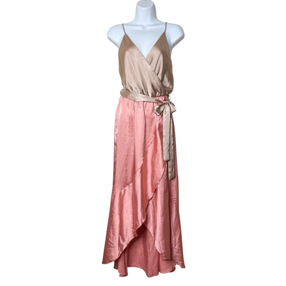 Vici Ansley Satin Colorblock High Low Tyche Maxi Dress Nude Peach - Picture 4 of 13